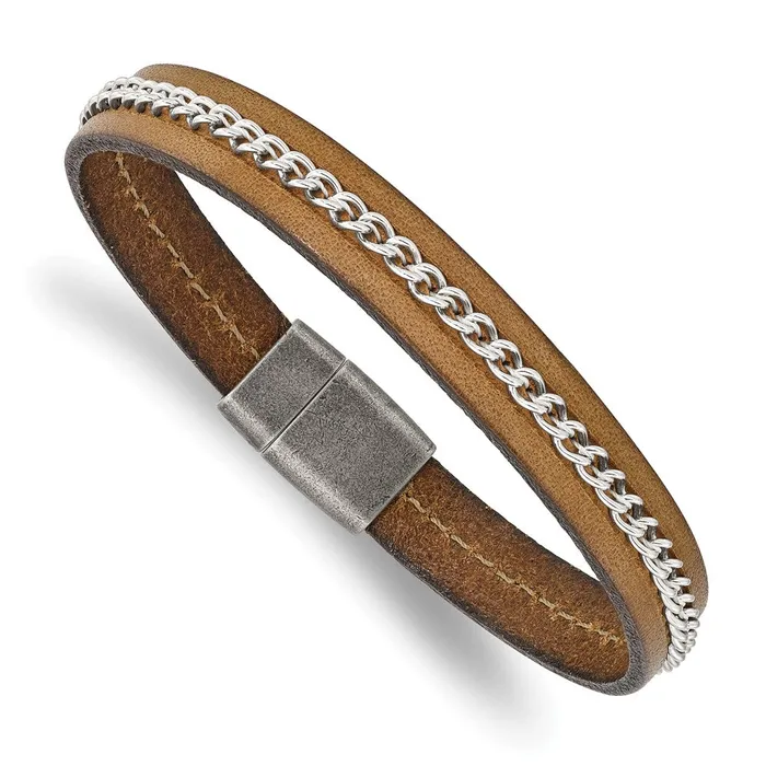 Bracelets Chisel Stainless Steel Antiqued Brushed Brown Leather with Polished Chain 825 inch Bracelet TreasureFineJewelers Bracelets Chisel Stainless Steel Antiqued Brushed Brown Leather with Polished Chain 825 inch Bracelet TreasureFineJewelers