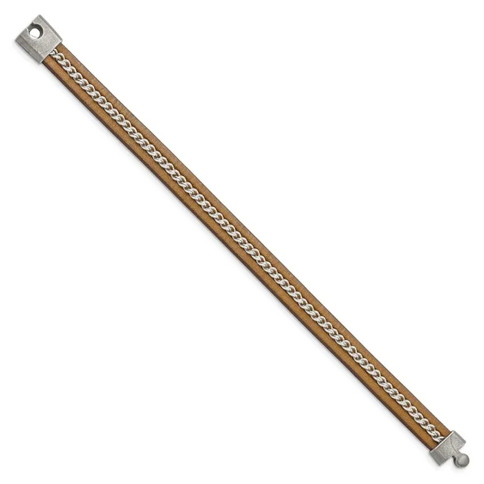 Bracelets Chisel Stainless Steel Antiqued Brushed Brown Leather with Polished Chain 825 inch Bracelet TreasureFineJewelers