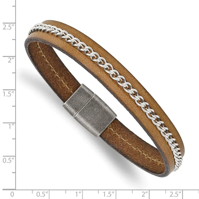 Bracelets Chisel Stainless Steel Antiqued Brushed Brown Leather with Polished Chain 825 inch Bracelet TreasureFineJewelers