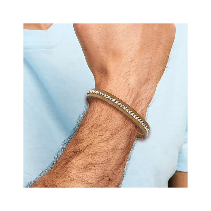 Bracelets Chisel Stainless Steel Antiqued Brushed Brown Leather with Polished Chain 825 inch Bracelet TreasureFineJewelers
