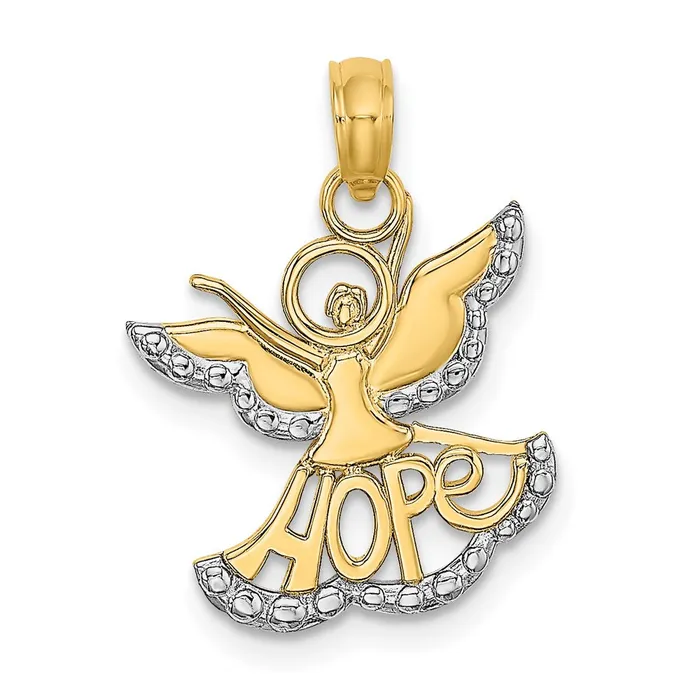 Charm Necklaces TreasureFineJewelers 14K wRhodium PolishedTextured CutOut HOPE Angel Charm