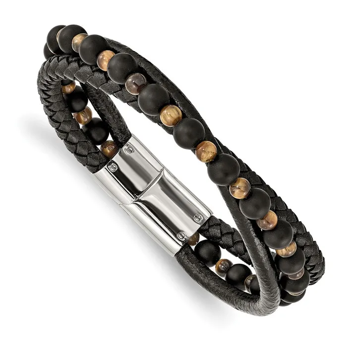 Chisel Stainless Steel Polished Multi Strand Tigers Eye and Black Agate Beaded Black Leather 825 inch Bracelet TreasureFineJewelers Bracelets Chisel Stainless Steel Polished Multi Strand Tigers Eye and Black Agate Beaded Black Leather 825 inch Bracelet TreasureFineJewelers Bracelets