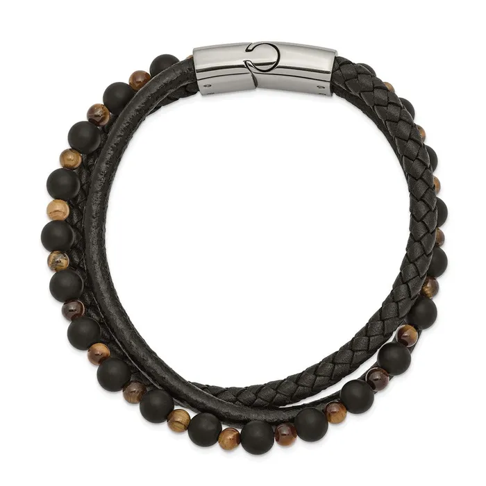 Chisel Stainless Steel Polished Multi Strand Tigers Eye and Black Agate Beaded Black Leather 825 inch Bracelet TreasureFineJewelers Bracelets