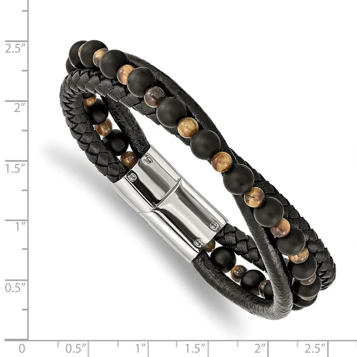 Chisel Stainless Steel Polished Multi Strand Tigers Eye and Black Agate Beaded Black Leather 825 inch Bracelet TreasureFineJewelers Bracelets