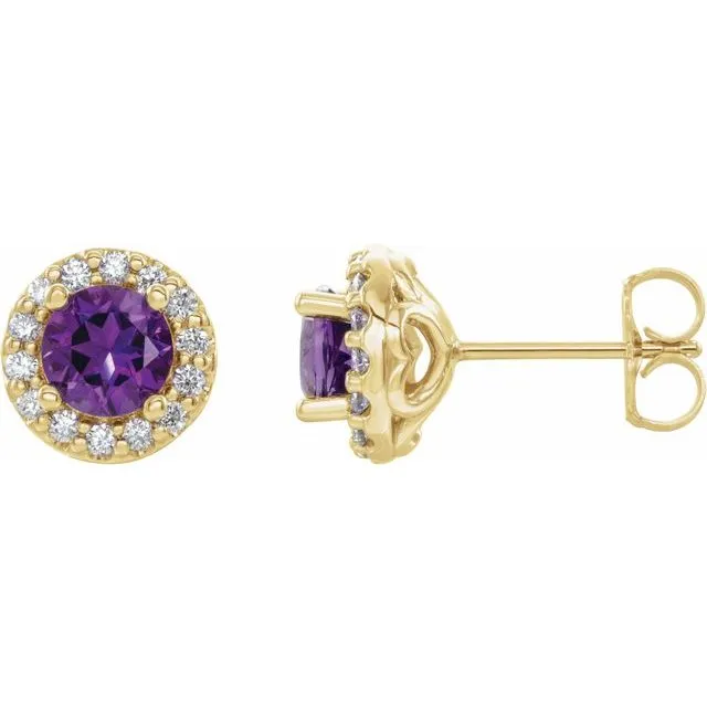 Earrings 14K Yellow Gold 5 mm Natural Amethyst 14 Natural Diamond Earrings TreasureFineJewelers