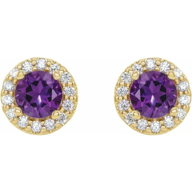 Earrings 14K Yellow Gold 5 mm Natural Amethyst 14 Natural Diamond Earrings TreasureFineJewelers