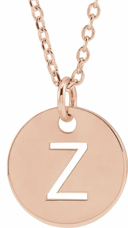 Necklaces TreasureFineJewelers 14K Rose Gold Initial Z 10 mm Disc 1618 Necklace Necklaces TreasureFineJewelers 14K Rose Gold Initial Z 10 mm Disc 1618 Necklace