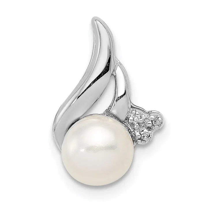 Necklaces TreasureFineJewelers Sterling Silver Rhodium 6mm FW Cultured Pearl Diamond Chain Slide Necklaces TreasureFineJewelers Sterling Silver Rhodium 6mm FW Cultured Pearl Diamond Chain Slide