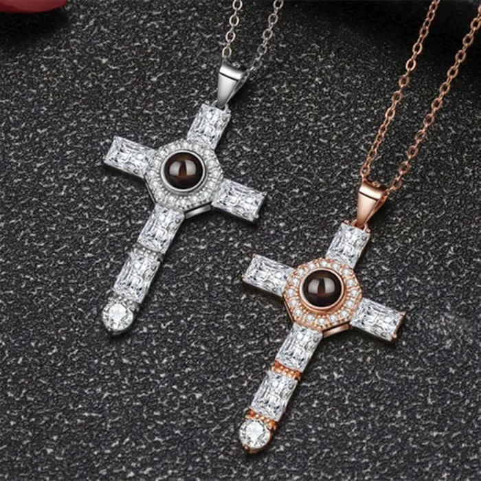 Necklaces Trendolla Jewelry Cubic Zirconia Diamond Cross Pendant with Picture Inside