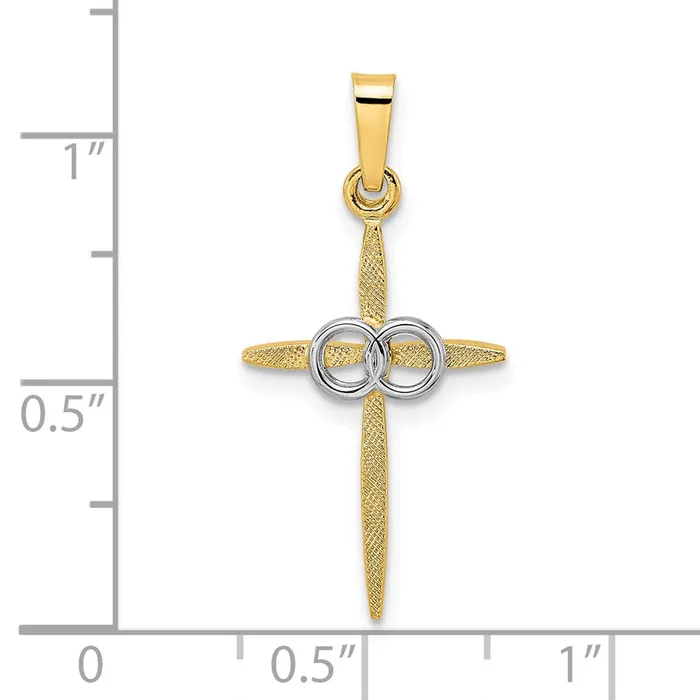 Rings TreasureFineJewelers 14k Twotone Polished and Satin Solid Double Ring Cross Pendant