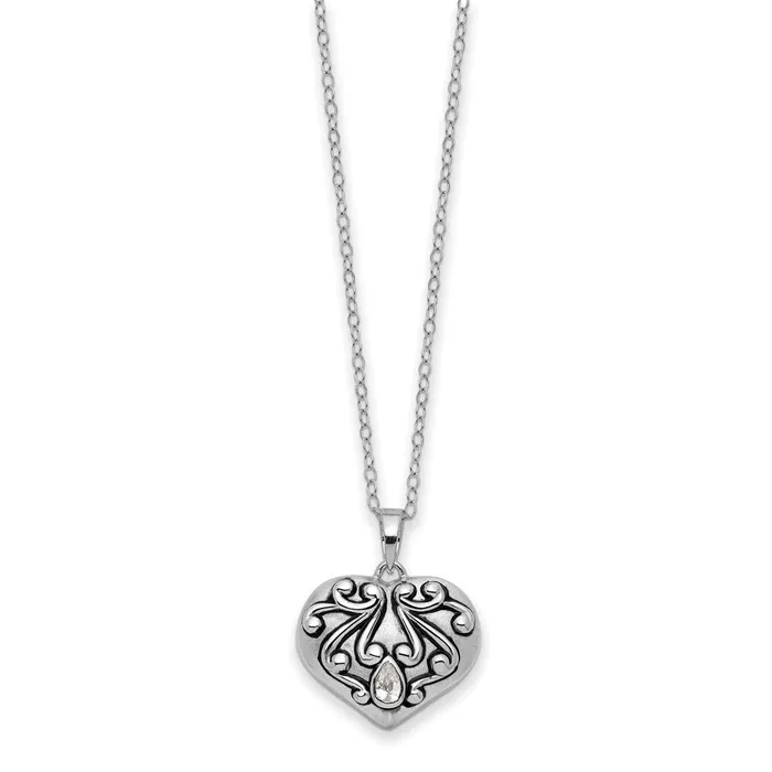 Sentimental Expressions Sterling Silver Rhodiumplated Antiqued CZ Heart Remembrance Ash Holder 18in Necklace TreasureFineJewelers Necklaces