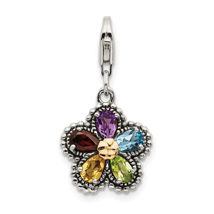 Shey Couture Sterling Silver with 14K Accent Antiqued Pear Shaped Amethyst Citrine Blue Topaz Peridot and Garnet Multicolored Gemstone Flower with Lobster Clasp Charm TreasureFineJewelers Rings Shey Couture Sterling Silver with 14K Accent Antiqued Pear Shaped Amethyst Citrine Blue Topaz Peridot and Garnet Multicolored Gemstone Flower with Lobster Clasp Charm TreasureFineJewelers Rings
