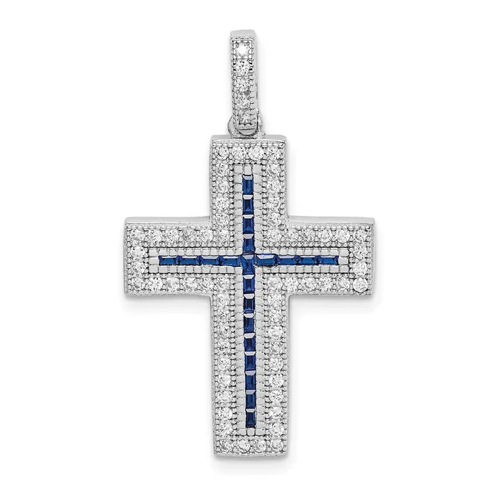 Sterling Silver Rhodiumplated CZ Synthetic Blue Spinel Cross Pendant TreasureFineJewelers Necklaces Sterling Silver Rhodiumplated CZ Synthetic Blue Spinel Cross Pendant TreasureFineJewelers Necklaces