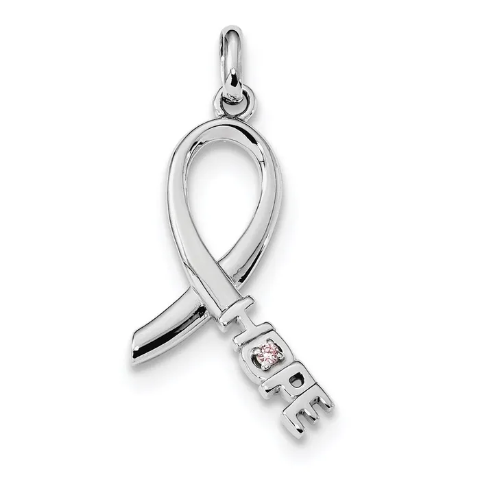 Sterling Silver Rhodiumplated Pink CZ Hope Awareness Ribbon Pendant TreasureFineJewelers Necklaces Sterling Silver Rhodiumplated Pink CZ Hope Awareness Ribbon Pendant TreasureFineJewelers Necklaces