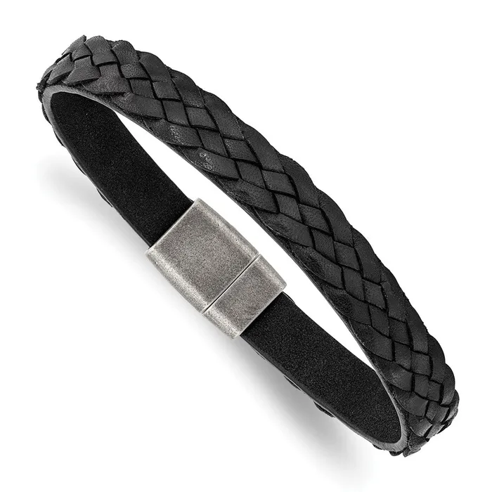 TreasureFineJewelers Bracelets Chisel Stainless Steel Antiqued Black Braided Leather 825 inch Bracelet TreasureFineJewelers Bracelets Chisel Stainless Steel Antiqued Black Braided Leather 825 inch Bracelet