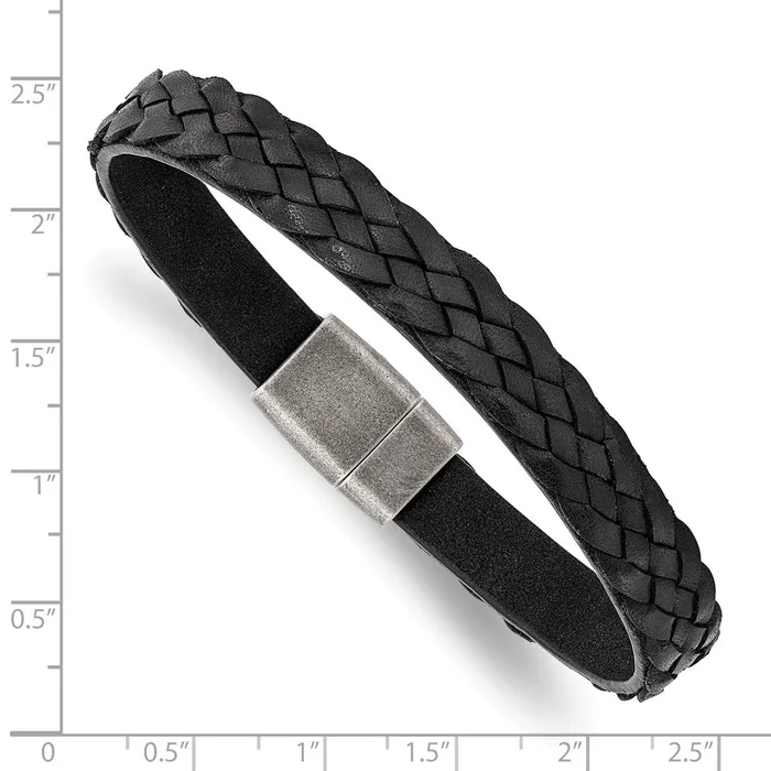 TreasureFineJewelers Bracelets Chisel Stainless Steel Antiqued Black Braided Leather 825 inch Bracelet