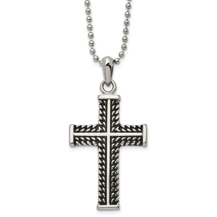 TreasureFineJewelers Chisel Stainless Steel Antiqued and Polished Chain Design Cross Pendant on a 22 inch Ball Chain Necklace Necklaces TreasureFineJewelers Chisel Stainless Steel Antiqued and Polished Chain Design Cross Pendant on a 22 inch Ball Chain Necklace Necklaces