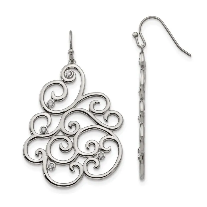 TreasureFineJewelers Earrings Stainless Steel Polished Filigree CZ Dangle Shepherd Hook Earrings TreasureFineJewelers Earrings Stainless Steel Polished Filigree CZ Dangle Shepherd Hook Earrings