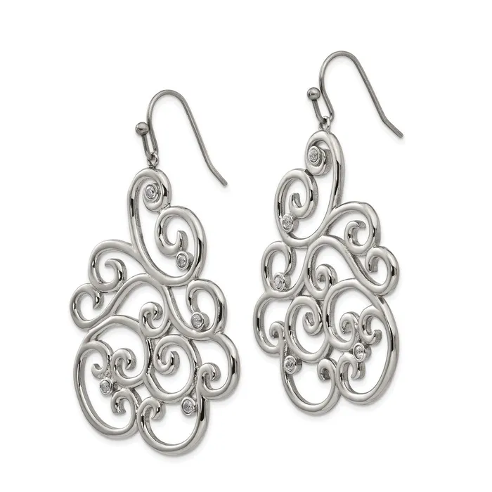 TreasureFineJewelers Earrings Stainless Steel Polished Filigree CZ Dangle Shepherd Hook Earrings