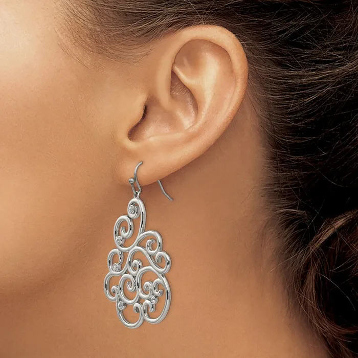 TreasureFineJewelers Earrings Stainless Steel Polished Filigree CZ Dangle Shepherd Hook Earrings