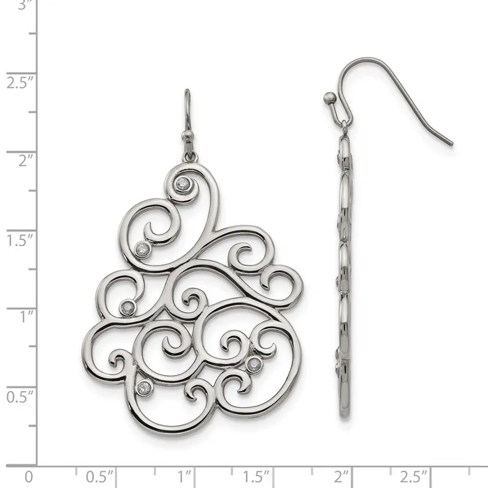 TreasureFineJewelers Earrings Stainless Steel Polished Filigree CZ Dangle Shepherd Hook Earrings