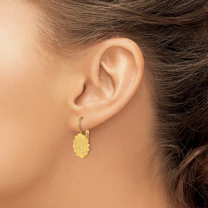 TreasureFineJewelers Earrings Stainless Steel Polished Yellow IP Etched Lady of Guadalupe Earrings
