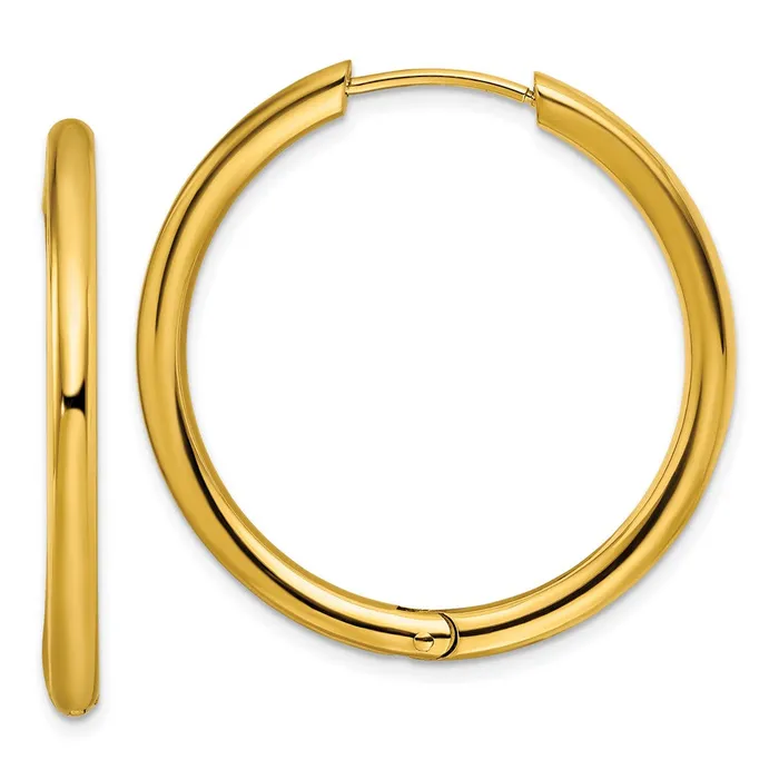 TreasureFineJewelers Earrings Stainless Steel Polished Yellow IPplated 3mm Hinged Hoop Earrings TreasureFineJewelers Earrings Stainless Steel Polished Yellow IPplated 3mm Hinged Hoop Earrings