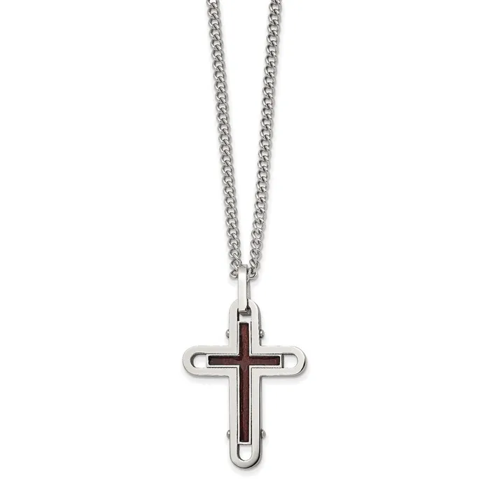 TreasureFineJewelers Necklaces Stainless Steel Polished Wood with Enamel Overlay Cross 24in Necklace TreasureFineJewelers Necklaces Stainless Steel Polished Wood with Enamel Overlay Cross 24in Necklace