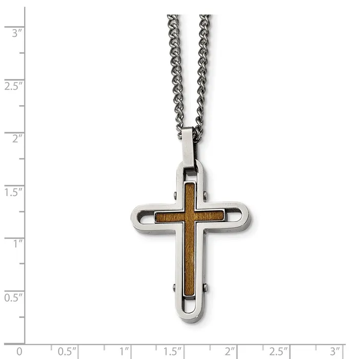 TreasureFineJewelers Necklaces Stainless Steel Polished Wood with Enamel Overlay Cross 24in Necklace