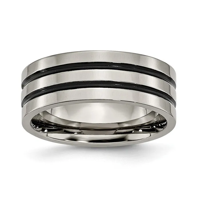TreasureFineJewelers Rings Titanium Polished Black Enamel Grooved 8mm Flat Band TreasureFineJewelers Rings Titanium Polished Black Enamel Grooved 8mm Flat Band