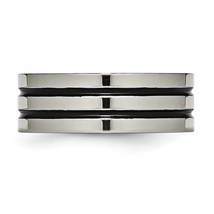 TreasureFineJewelers Rings Titanium Polished Black Enamel Grooved 8mm Flat Band
