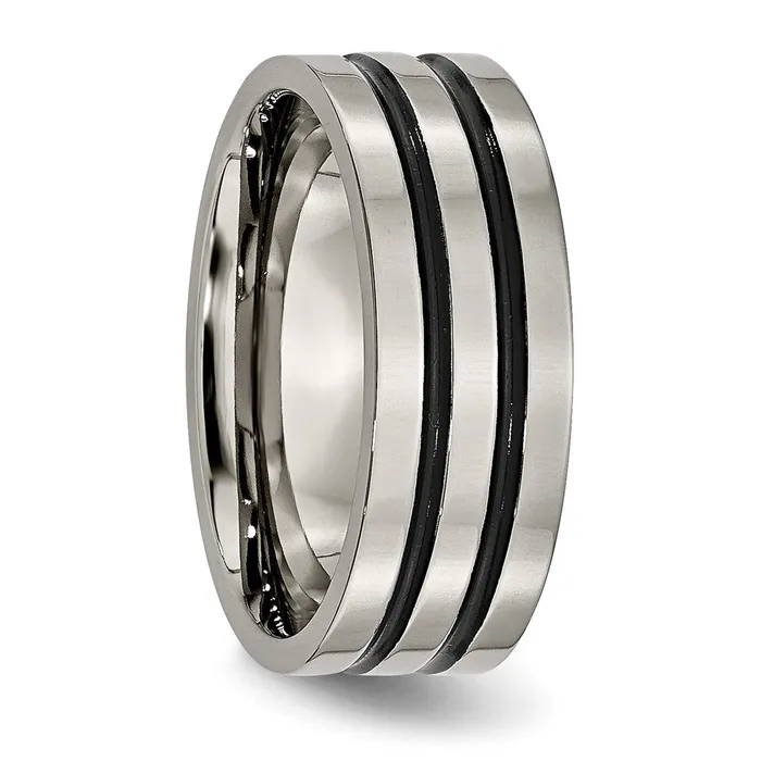 TreasureFineJewelers Rings Titanium Polished Black Enamel Grooved 8mm Flat Band