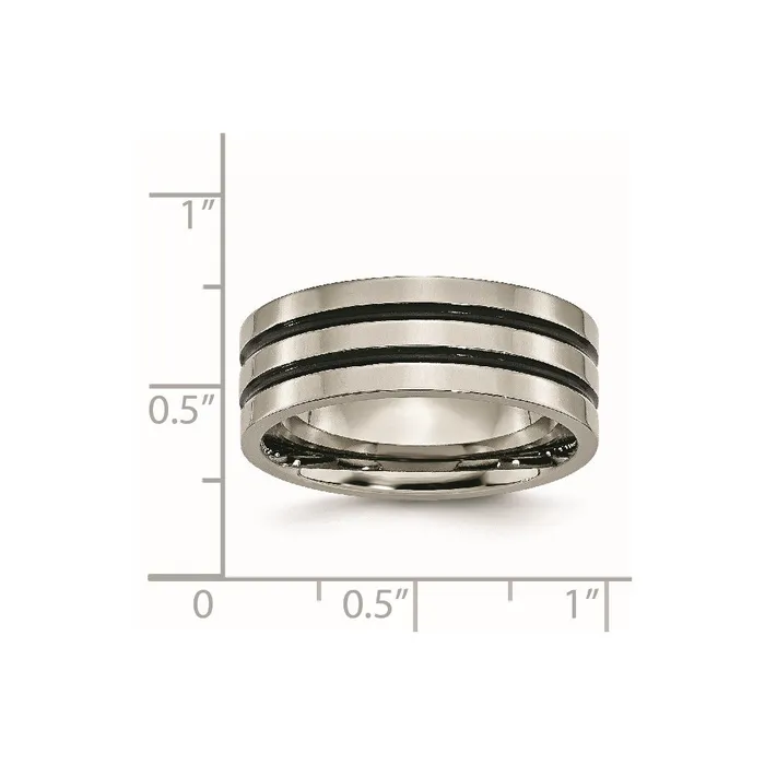 TreasureFineJewelers Rings Titanium Polished Black Enamel Grooved 8mm Flat Band