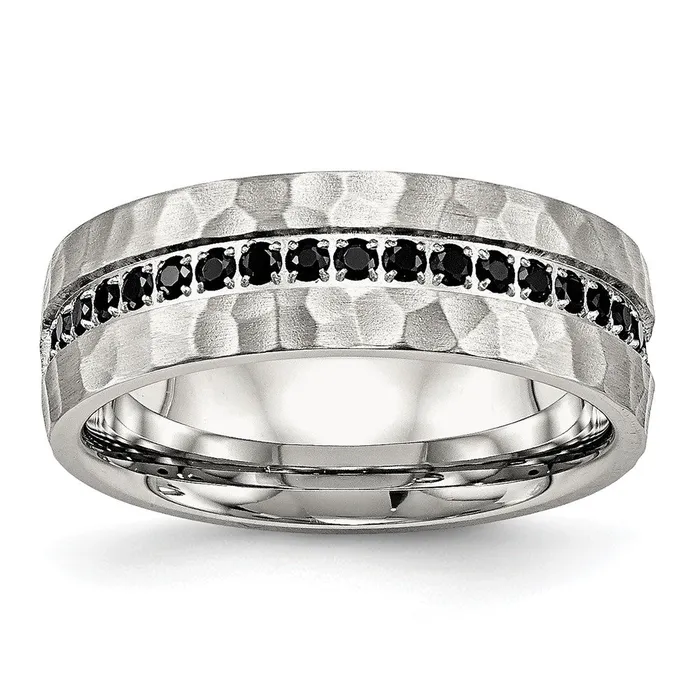 TreasureFineJewelers Stainless Steel Brushed and Hammered wBlack CZ 75mm Band Rings TreasureFineJewelers Stainless Steel Brushed and Hammered wBlack CZ 75mm Band Rings