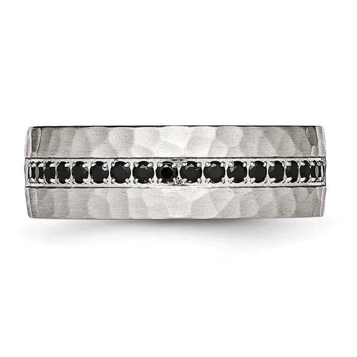 TreasureFineJewelers Stainless Steel Brushed and Hammered wBlack CZ 75mm Band Rings
