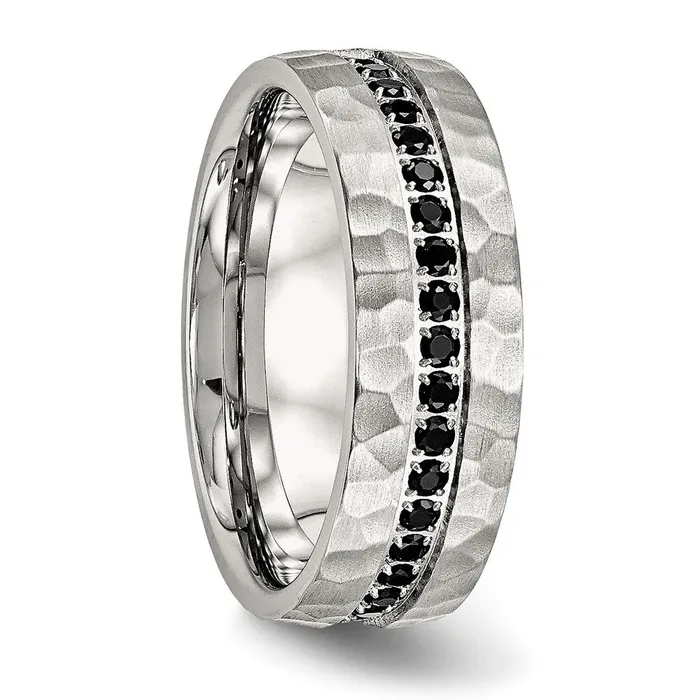 TreasureFineJewelers Stainless Steel Brushed and Hammered wBlack CZ 75mm Band Rings