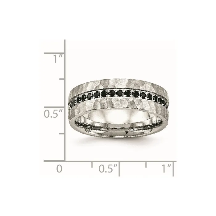 TreasureFineJewelers Stainless Steel Brushed and Hammered wBlack CZ 75mm Band Rings