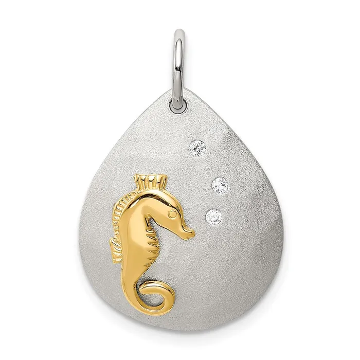 TreasureFineJewelers Sterling Silver GoldTone CZ Seahorse Brushed Pendant Rings TreasureFineJewelers Sterling Silver GoldTone CZ Seahorse Brushed Pendant Rings