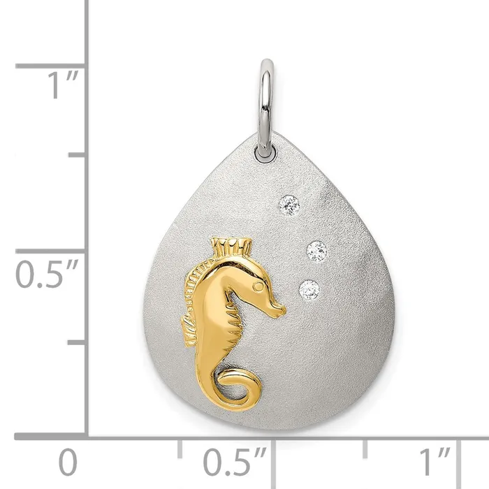 TreasureFineJewelers Sterling Silver GoldTone CZ Seahorse Brushed Pendant Rings
