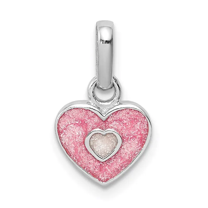 TreasureFineJewelers Sterling Silver RH Plated Childs Pink Glittered Enamel Heart Pendant Necklaces TreasureFineJewelers Sterling Silver RH Plated Childs Pink Glittered Enamel Heart Pendant Necklaces