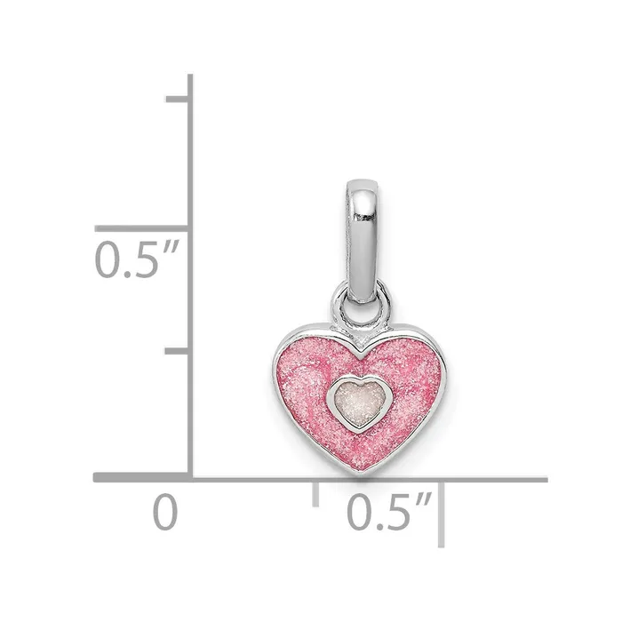TreasureFineJewelers Sterling Silver RH Plated Childs Pink Glittered Enamel Heart Pendant Necklaces