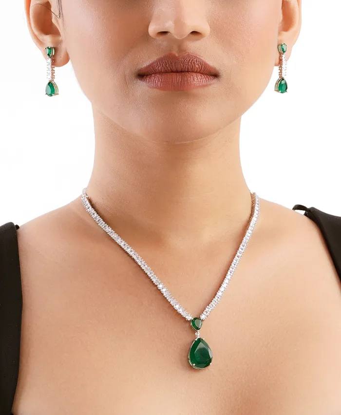 Diamante Emerald Pendent Necklace Set Curio Cottage Necklaces