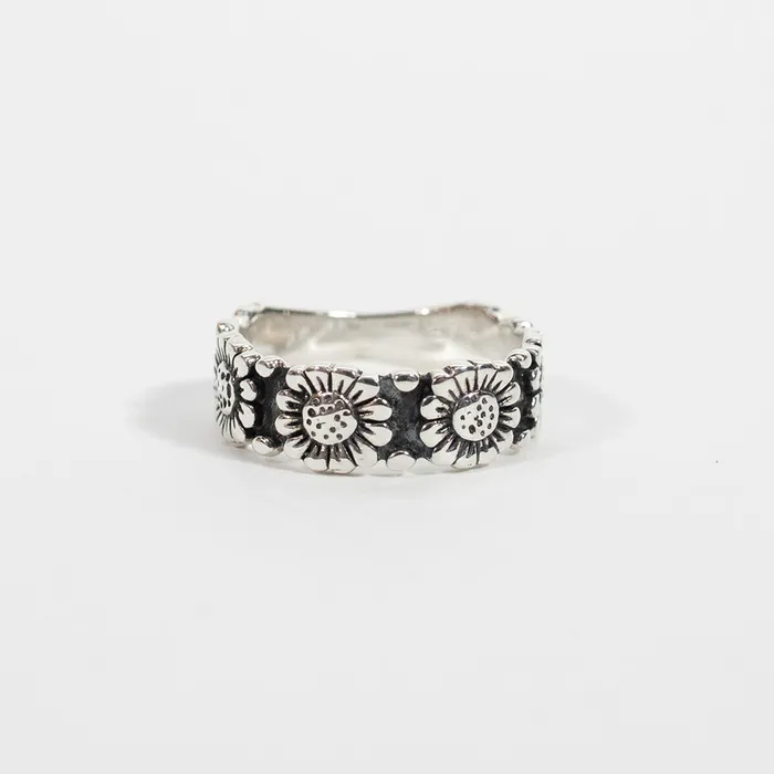 Rings Silver Lotus Oxidized Silver Sunflower Band