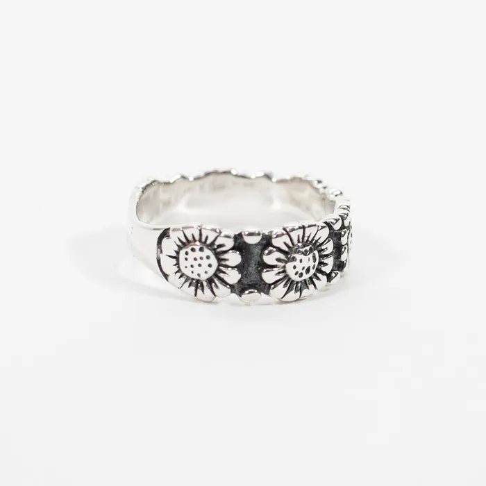 Rings Silver Lotus Oxidized Silver Sunflower Band