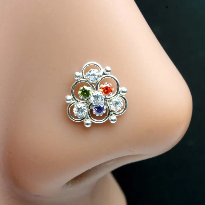 Cute 925 Sterling Silver Multi CZ Studded Nose ring Push Pin Karizma Jewels Rings Cute 925 Sterling Silver Multi CZ Studded Nose ring Push Pin Karizma Jewels Rings