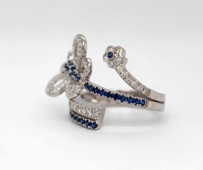 FULLERS PURCHASE FROM PUBLIC Rings Estate 18KW 57 Cttw Sapphire and 63 Cttw Diamond Butterfly Ring FULLERS PURCHASE FROM PUBLIC Rings Estate 18KW 57 Cttw Sapphire and 63 Cttw Diamond Butterfly Ring