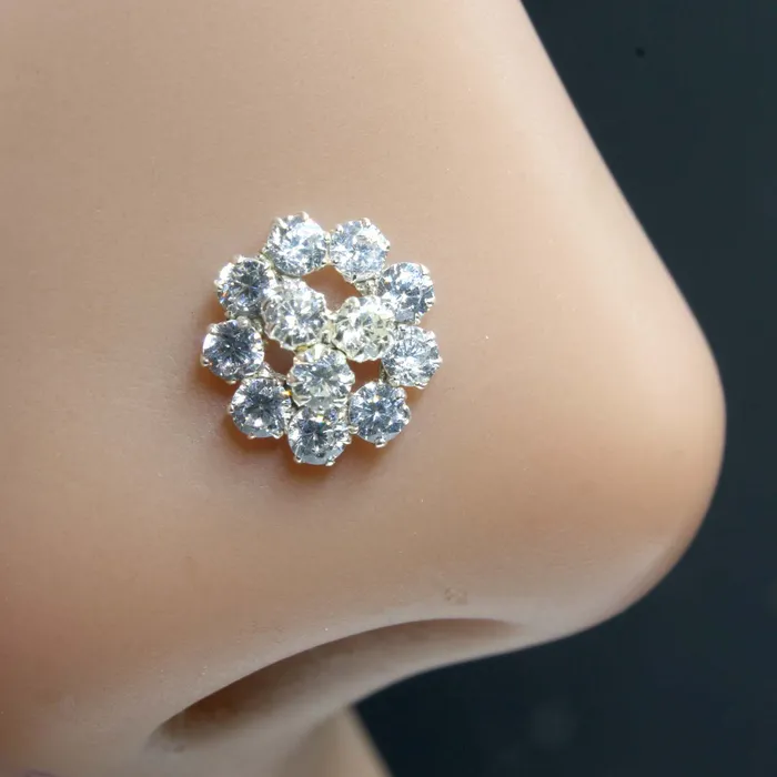 Indian medusa Real Sterling Silver White CZ Women Twisted nose stud nose ring 22g Karizma Jewels Rings