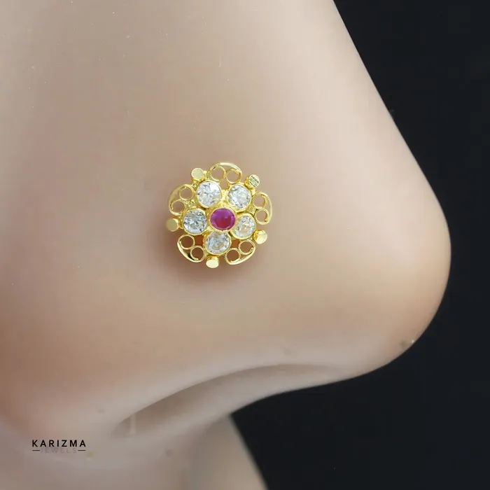 Karizma Jewels Asian style Excellent 18K Real Gold Indian Women Pink White CZ Nose stud nose ring Push Pin Rings
