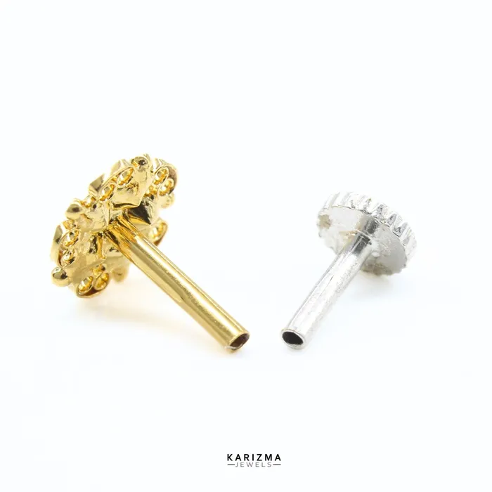 Karizma Jewels Asian style Excellent 18K Real Gold Indian Women Pink White CZ Nose stud nose ring Push Pin Rings