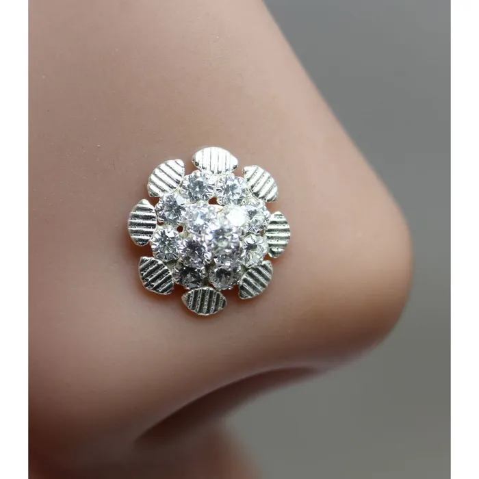 Karizma Jewels Rings Ethnic Indian 925 Sterling Silver Rose White CZ Studded Corkscrew nose ring 22g Karizma Jewels Rings Ethnic Indian 925 Sterling Silver Rose White CZ Studded Corkscrew nose ring 22g